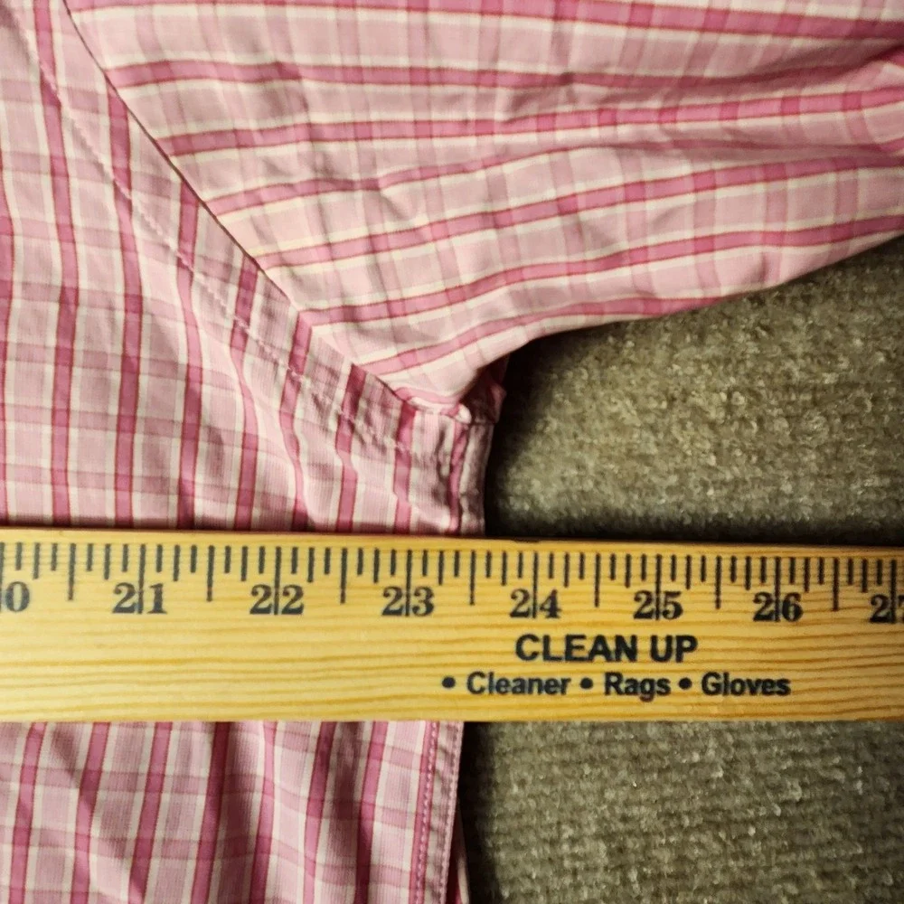 Thomas Pink Dress Shirt Mens 16.5 34 Pink White Check Button Down Double Cuff